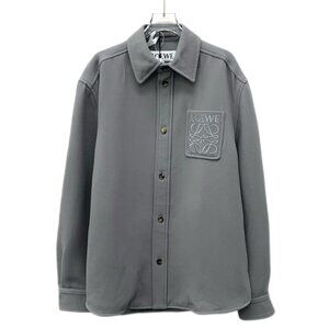 CM0395 Loewe Gray Button-Up Overshirt With Embroidered Pocket Logo Long Sleeve
